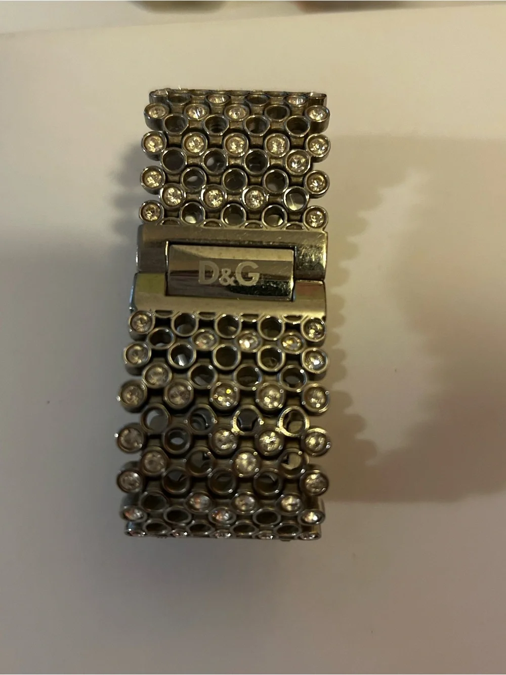 D&G Silver Crystal-Stud Bracelet Watch with White Dial